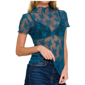The “Boho Lace Tee” Short Sleeve Top | Teal NWOT